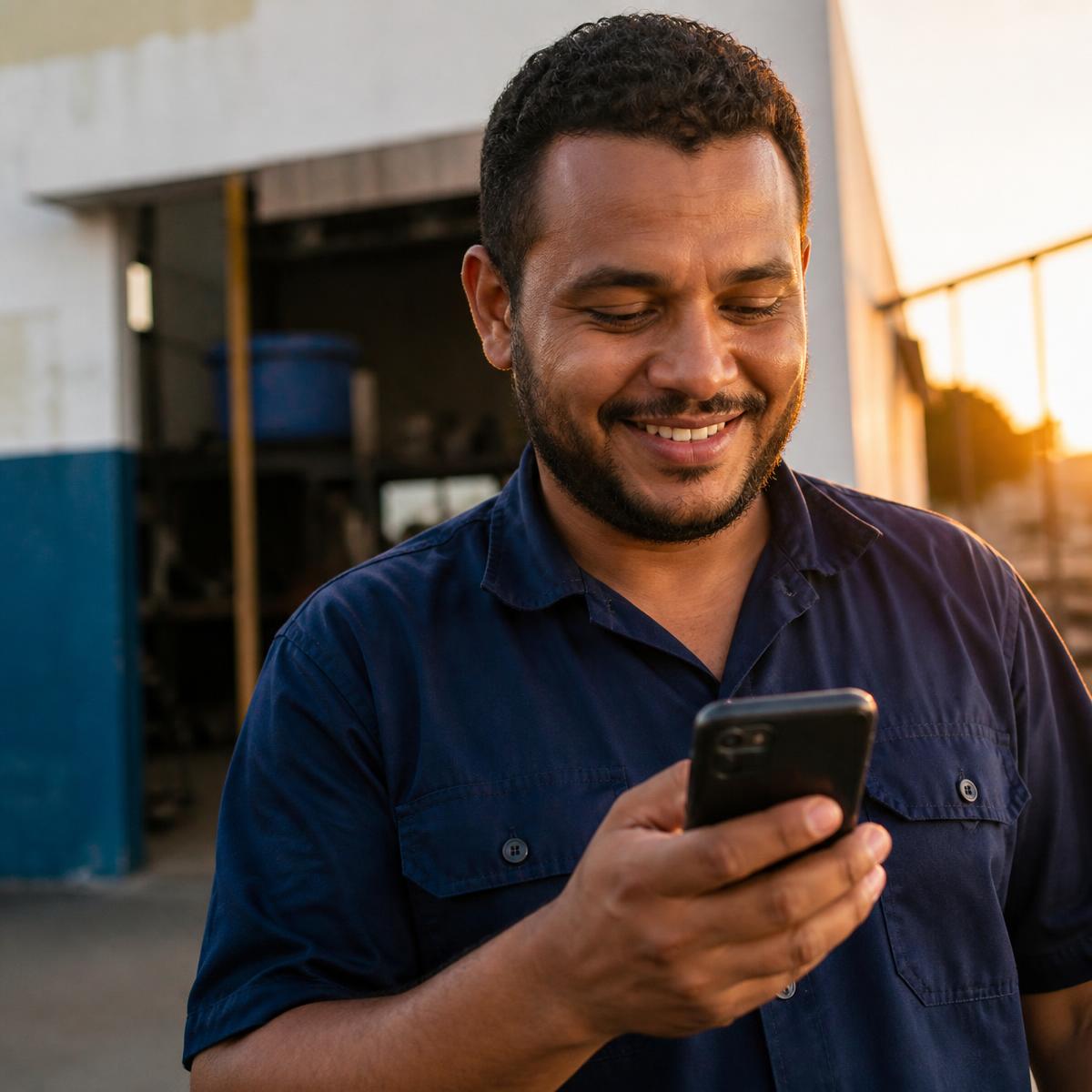 Trabalhador com uniforme de logística conferindo o celular no fim do turno