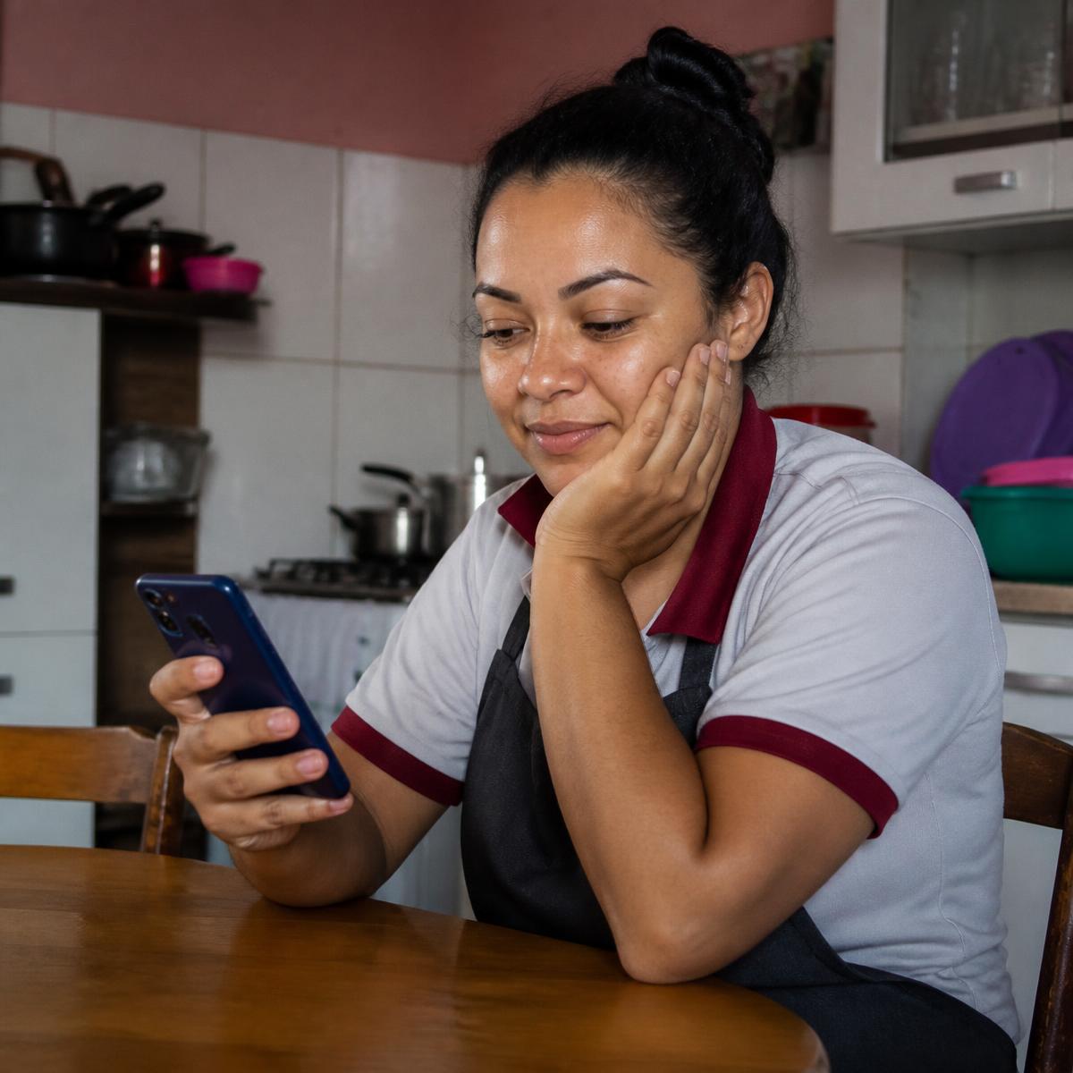 Trabalhadora doméstica em casa conferindo a simulação no celular